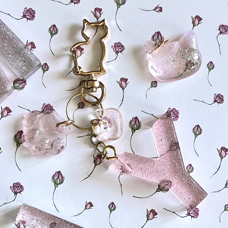 Acrylic Key Ring Charm pendant Keychain cute cat Alphabet Customized luggage tag - Keychains - Plastic Pink
