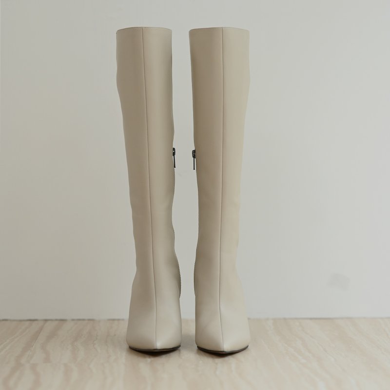 歐美風細跟尖頭長靴-杏色 - 女長靴/高筒靴 - 真皮 白色