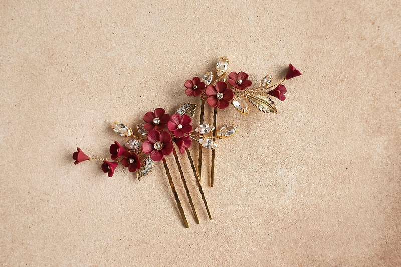 Dark red gold floral hair comb set, Burgundy flower for wedding hairstyle - 髮夾/髮飾 - 黏土 紅色