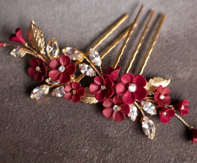 Dark red gold floral hair comb set Burgundy flower for wedding