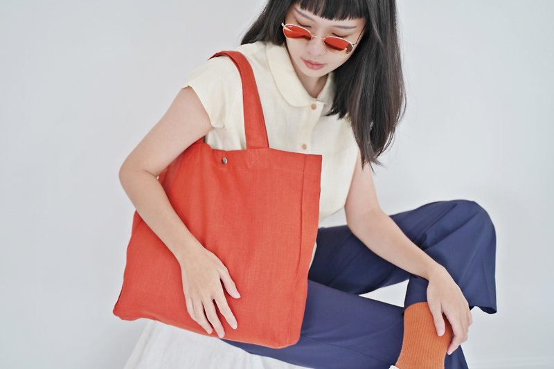 กระเป๋าผ้าลินิน Casual (สีแดงส้มอิฐ) - กระเป๋าถือ - ลินิน สีแดง
