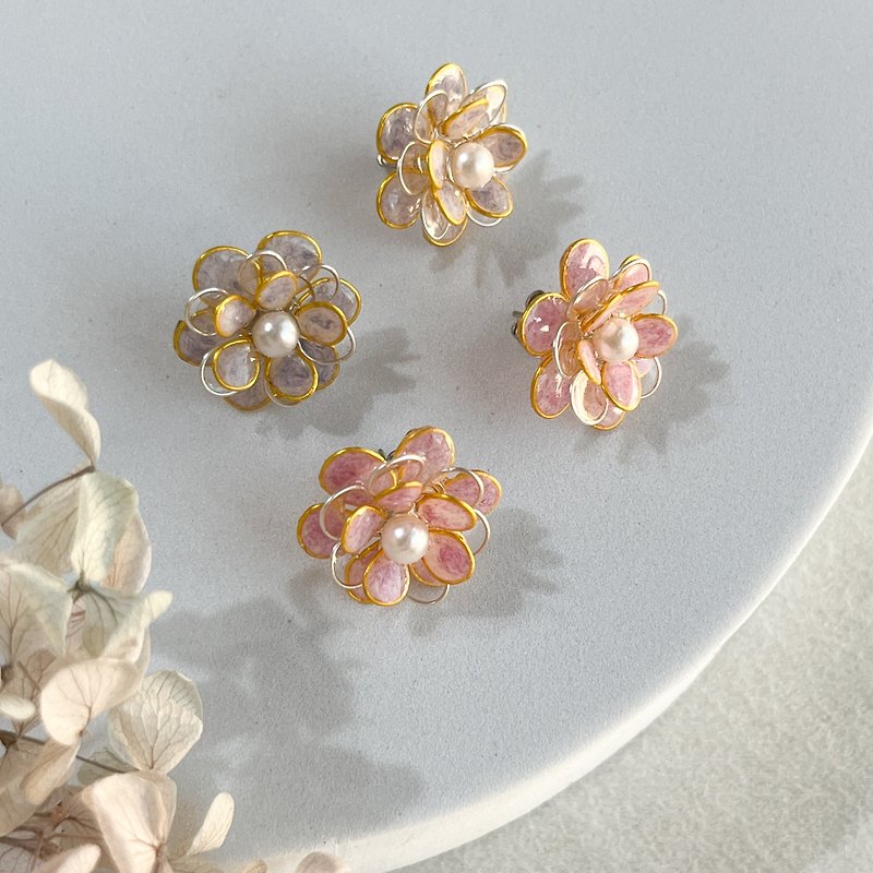 oMuyue Singero Crystal flower resin earrings/bridal jewelry - ต่างหู - เรซิน สึชมพู