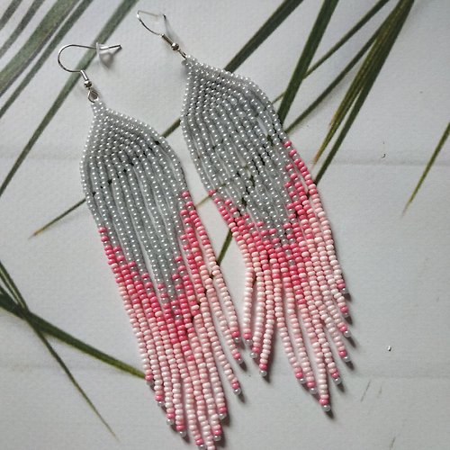 White Bird gallery of exquisite jewelry from Halyna Nalyvaiko Long beaded fringe gray-pink ombre earrings Huichol earrings Native beaded earri