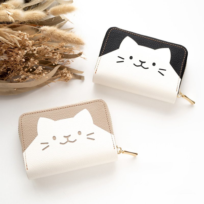 お札が折れない コンパクトウォレット ねこ 【 シュリンクレザー 】 本革 ミニ財布 猫 プレゼント HW23K - 皮夾/長短夾/錢包 - 真皮 黑色