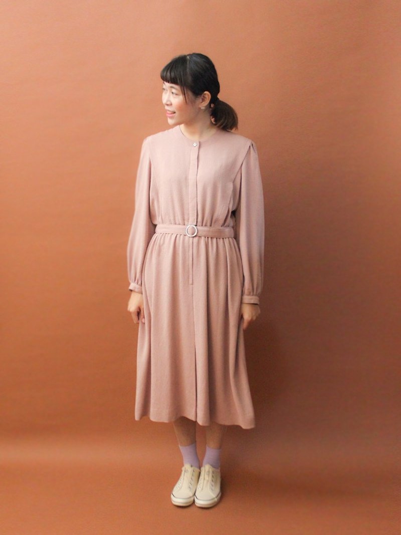 復古秋冬日本製簡約素雅藕色裸色長袖古著洋裝 Vintage Dress - 洋裝/連身裙 - 聚酯纖維 粉紅色