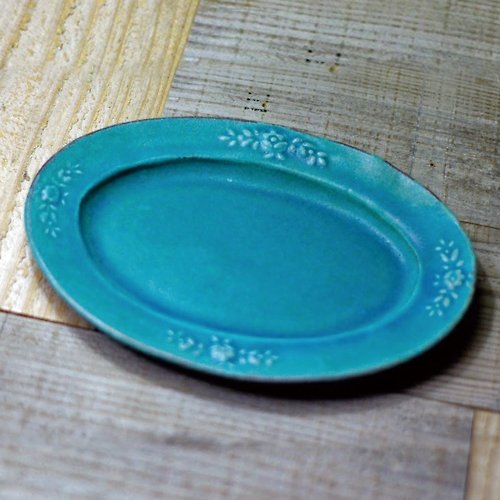 有種創意 日本食器 日本職人手作 - 青綠燻刻紋橢圓花盤