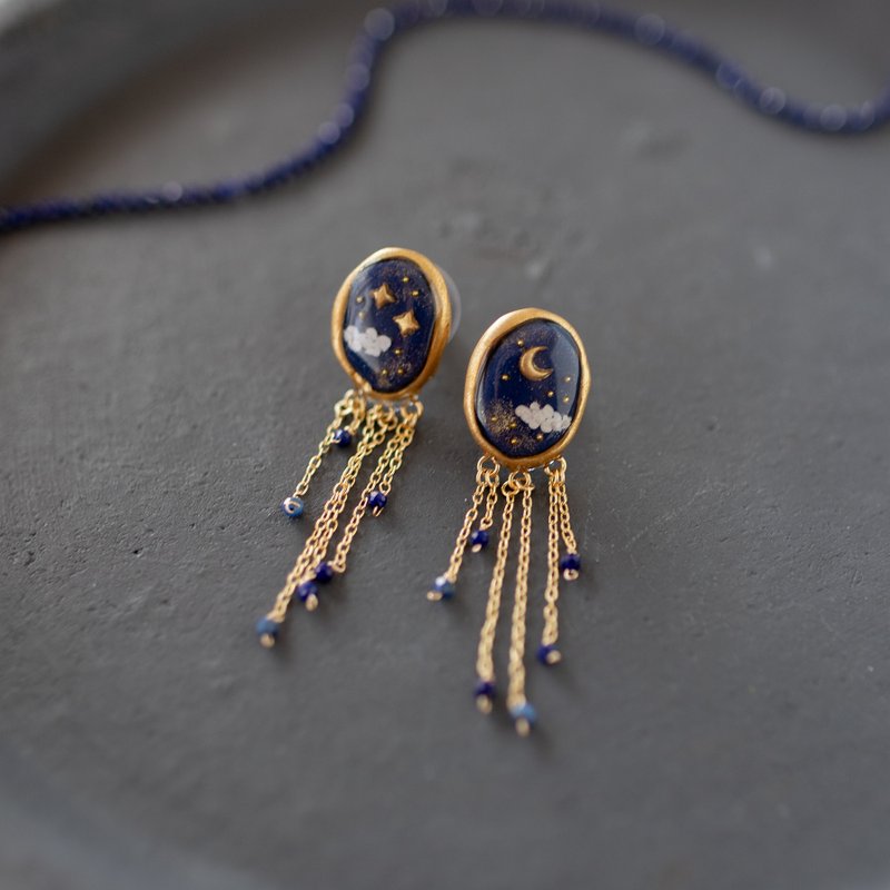 Starry sky frame earrings/ Clip-On / lapis lazuli - Earrings & Clip-ons - Clay Blue