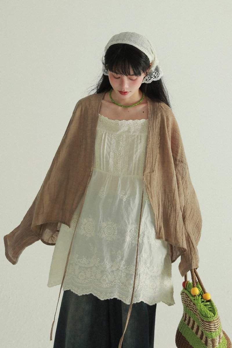 Dark Khaki Retro Kimono Blouse Literary Lace-up Cardigan Ramie Loose All-match Blouse One Size - เสื้อเชิ้ตผู้หญิง - ผ้าฝ้าย/ผ้าลินิน สีกากี