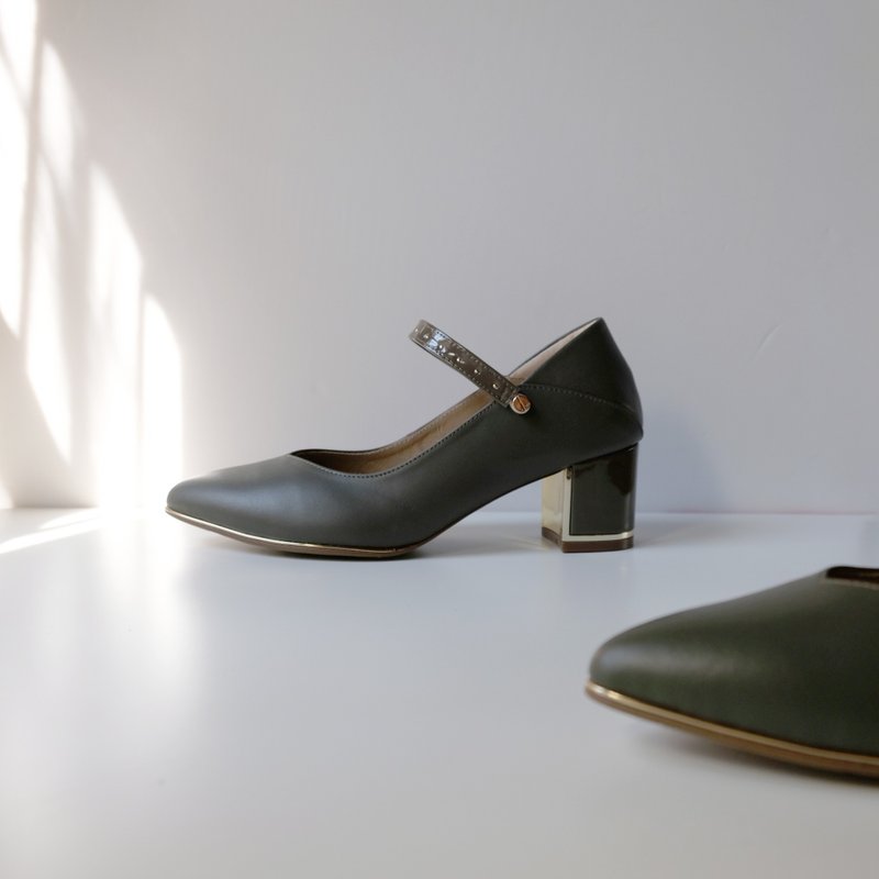 Linen dark green. Top cowhide air cushion high heels shock-absorbing decompression full leather women's shoes MIT - รองเท้าส้นสูง - หนังแท้ สีเขียว