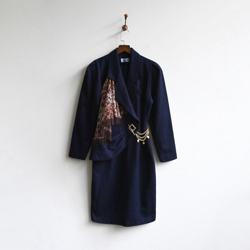 [Egg Plant Vintage] Night Star Ball Scarf Embellished Wool Vintage Dress - ชุดเดรส - ไฟเบอร์อื่นๆ สีน้ำเงิน