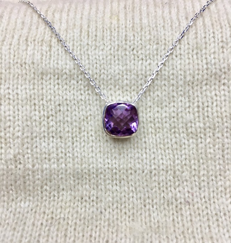 簡單方形 紫水晶鎖骨墜 925純銀材質 尼泊爾手工製 - 鎖骨鍊 - 寶石 紫色