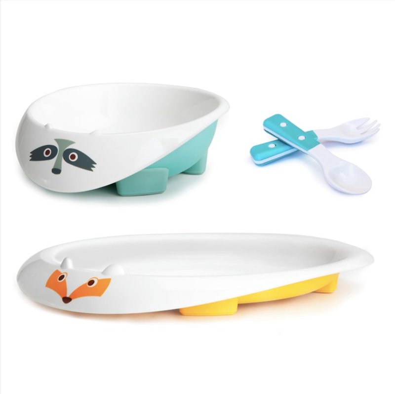 US MyNatural Eco non-toxic children's tableware - gift set ice blue raccoon fox dishes spoon fork - Children's Tablewear - Plastic Multicolor