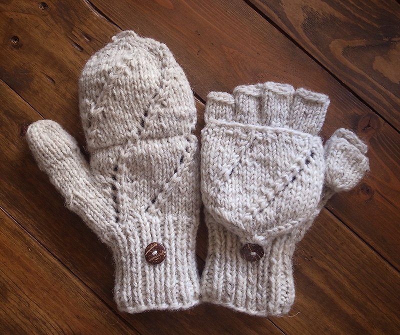 羊毛編織手套 米白 - 手套/手襪 - 羊毛 白色