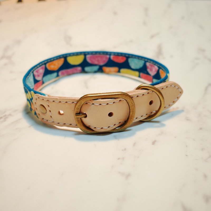 Dog collar size L Teal dots water jade yellow cat face can be purchased with a tag - ปลอกคอ - ผ้าฝ้าย/ผ้าลินิน 