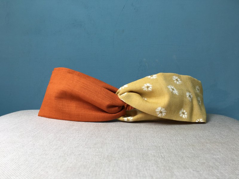 雙拼髮帶 / 黃綠小花 - 橘 / 日本衣料布 - 髮箍/髮帶 - 棉．麻 橘色