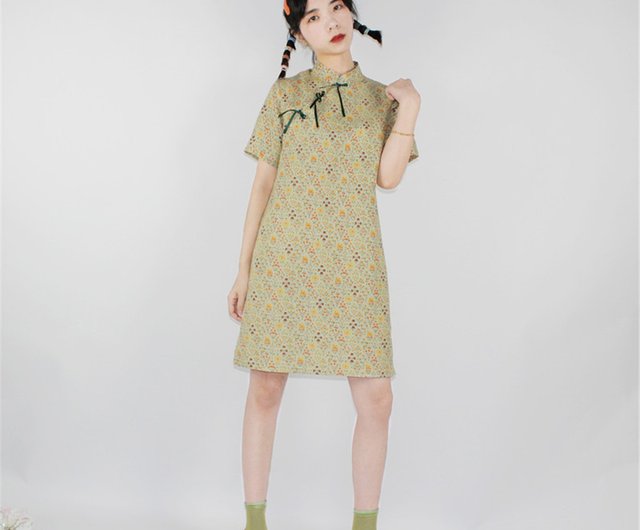 高品質ラミー素材 花柄チャイナドレス風ミニワンピース グリーン系 ショップ Eden Cheongsam チャイナドレス Pinkoi