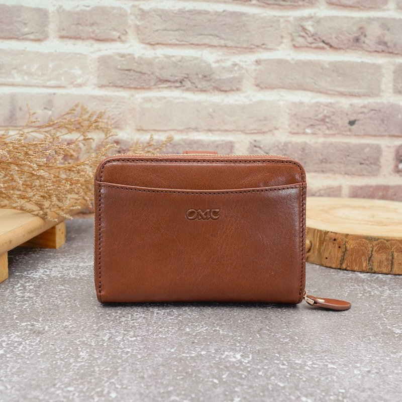 Italian vegetable tanned leather 17 card 1 tongue buckle coin bag cowhide middle clip 95133 (brown) - กระเป๋าสตางค์ - หนังแท้ สีนำ้ตาล