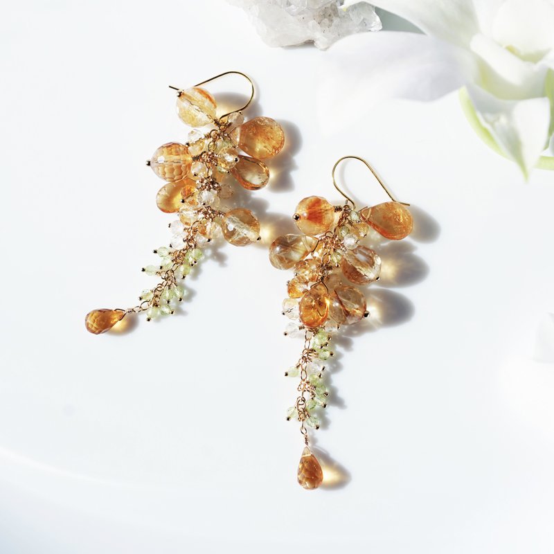 14KGFシトリン レモンクォーツとペリドットによるシャンデリアピアス　黄花藤 - 耳環/耳夾/耳骨夾 - 寶石 橘色