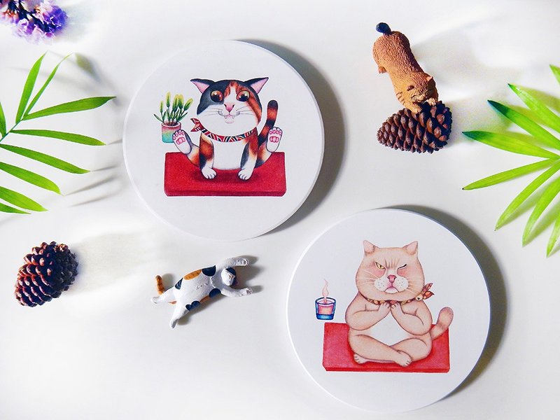 手繪貓咪陶瓷吸水杯墊 瑜珈貓 - 其他 - 陶 