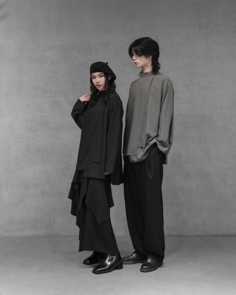 MUKK DESIGN 立領不對稱裁片上衣-深灰 - 男襯衫/休閒襯衫 - 聚酯纖維 灰色