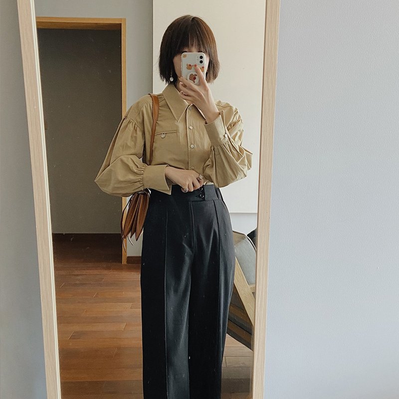 法式復古翻領泡泡袖襯衫-卡其|襯衫|春款|棉|Sora-442 - 女襯衫 - 棉．麻 金色