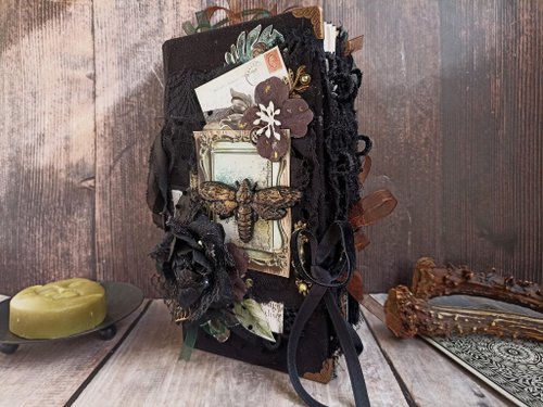 junkjournals Black moth journal handmade Dark green notebook Garden botanical death head moth