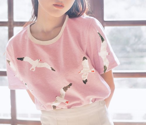 WASHINGMACHINE’s vacation FREE BIRD / Soft Cotton French Terry Knit Short sleeve Top T-shirt // PINK