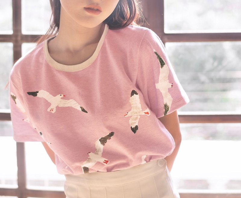 FREE BIRD ~ ソフトコットンフレンチテリーニット半袖トップスTシャツ// ピンク - Tシャツ - コットン・麻 ピンク