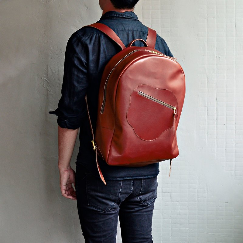 [Red tiles after the rain] cowhide zipper backpack red brown leather travel abroad adjustable length - Backpacks - Genuine Leather Brown