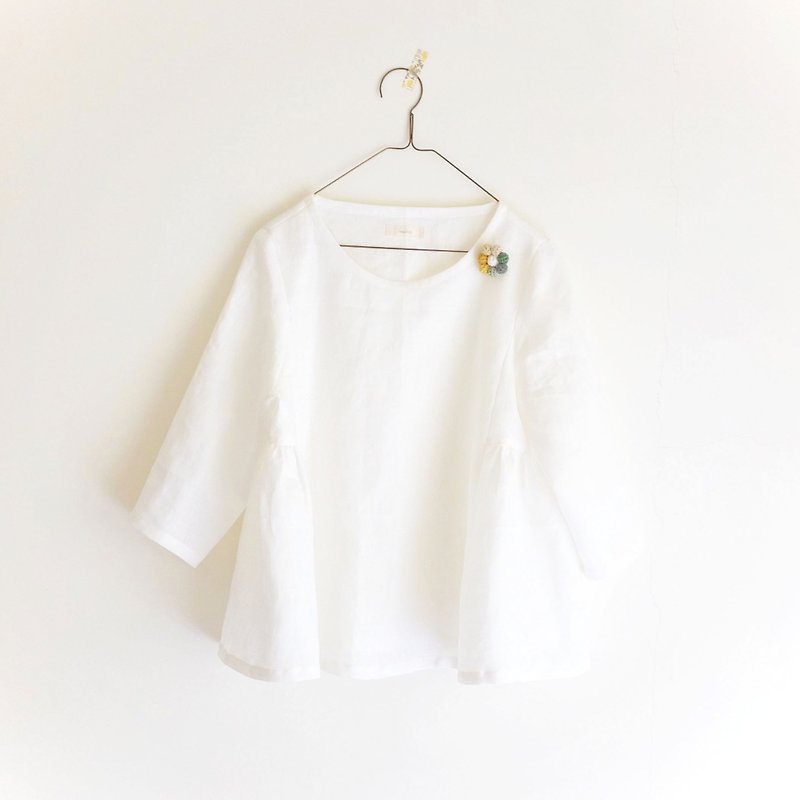 毎日手作りの服。傘空気ある白いブラウス、亜麻スリーブ（S） - トップス - コットン・麻 ホワイト