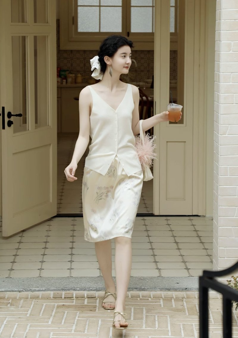 法式復古 真絲印花高腰半裙 19姆米桑蠶絲 - 居家服/睡衣 - 絲．絹 多色