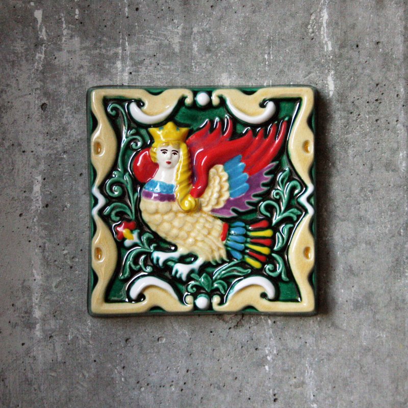 Traditional handpainted glazed tile Wall hanging decor Fantasy bird Sirin - ตกแต่งผนัง - ดินเหนียว หลากหลายสี