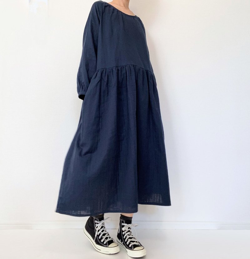 Double gauze dress　long sleeve　raglan　cotton　one-piece dark navyblue - One Piece Dresses - Cotton & Hemp Black