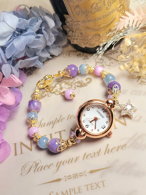晶飾界 彩虹天使的魔法。14k金包銅保色獨角獸色系天然水晶實用手錶設計