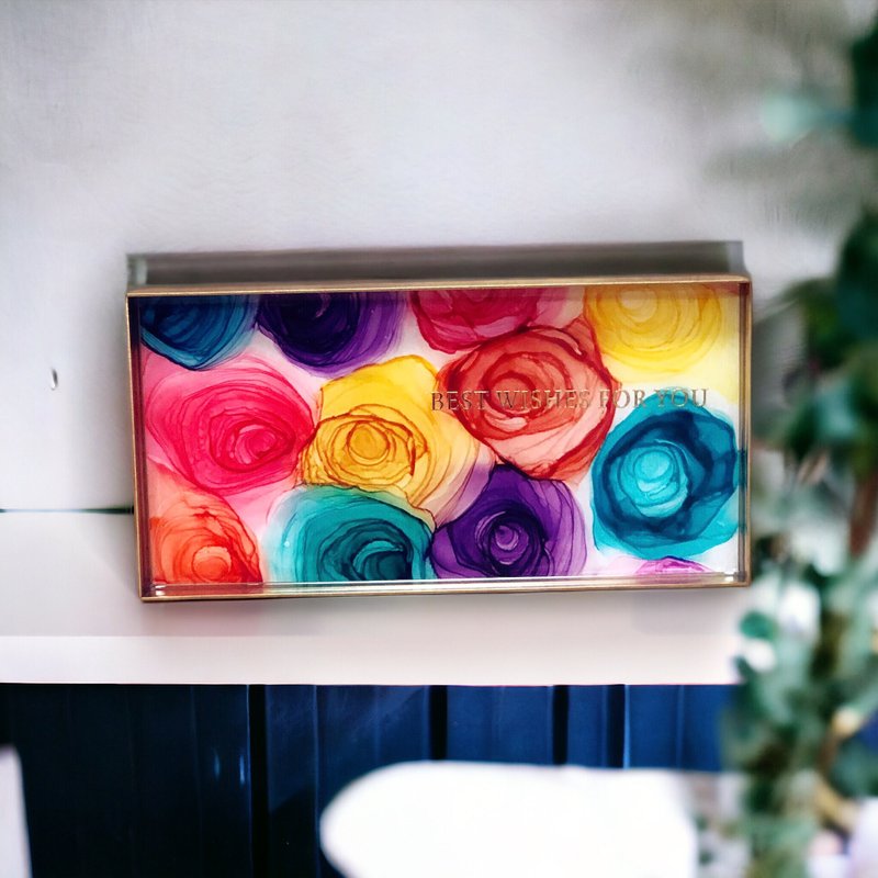 Alcohol Ink Art Gold Brass / Aluminium Tray -   Roses - ของวางตกแต่ง - โลหะ หลากหลายสี