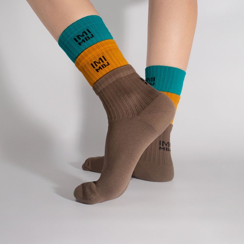 Green yellow brown three-layer socks pressure 3/4 socks - ถุงเท้า - ผ้าฝ้าย/ผ้าลินิน หลากหลายสี