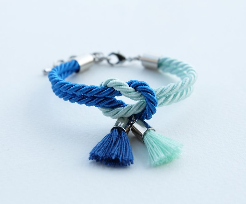 Light mint & Vivid blue knot bracelet with tassel charm  - Bracelets - Other Materials Blue