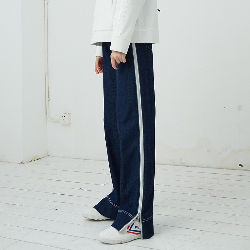 Side long zipper straight jeans - Women's Pants - Cotton & Hemp Blue