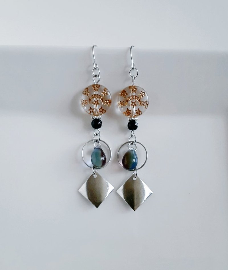 Stylish earrings with metal plate and circle hoops with swaying teardrop beads. Silver black. Birthday gift. Chic. Allergy-friendly or Clip-On can be changed. - Earrings & Clip-ons - Glass Multicolor