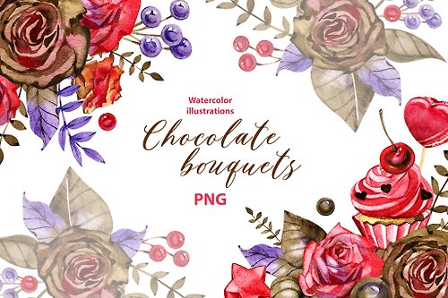 Natali Mias Store Watercolor Chocolate flowers clipart set, 7 Png, Dessert Clipart, Watercolor png