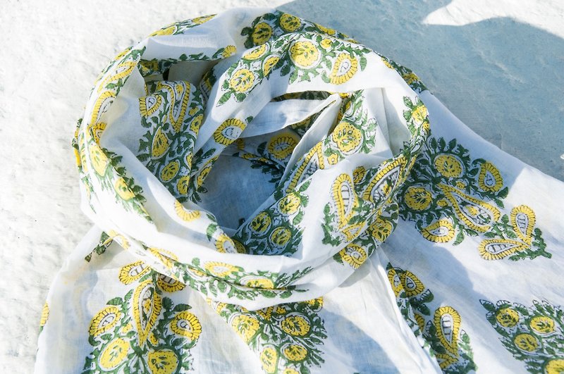 Hand-woven pure silk scarves / handmade wood-printed plant dyed scarves / grass dyed cotton scarves - yellow hair ball tassels - Scarves - Cotton & Hemp Yellow