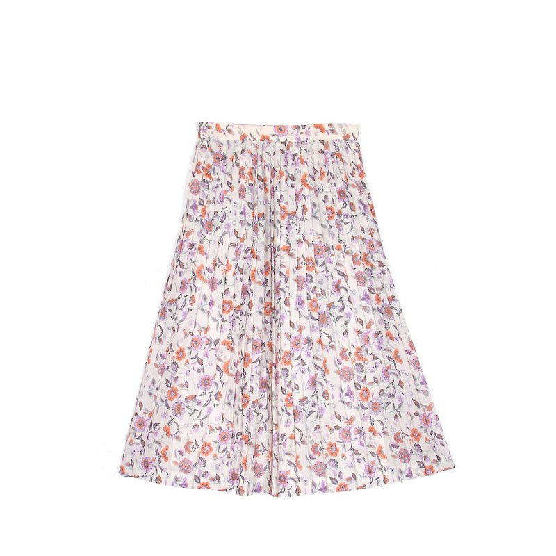 [Egg plant ancient] fan flowers pleated printed skirt - Skirts - Polyester Pink