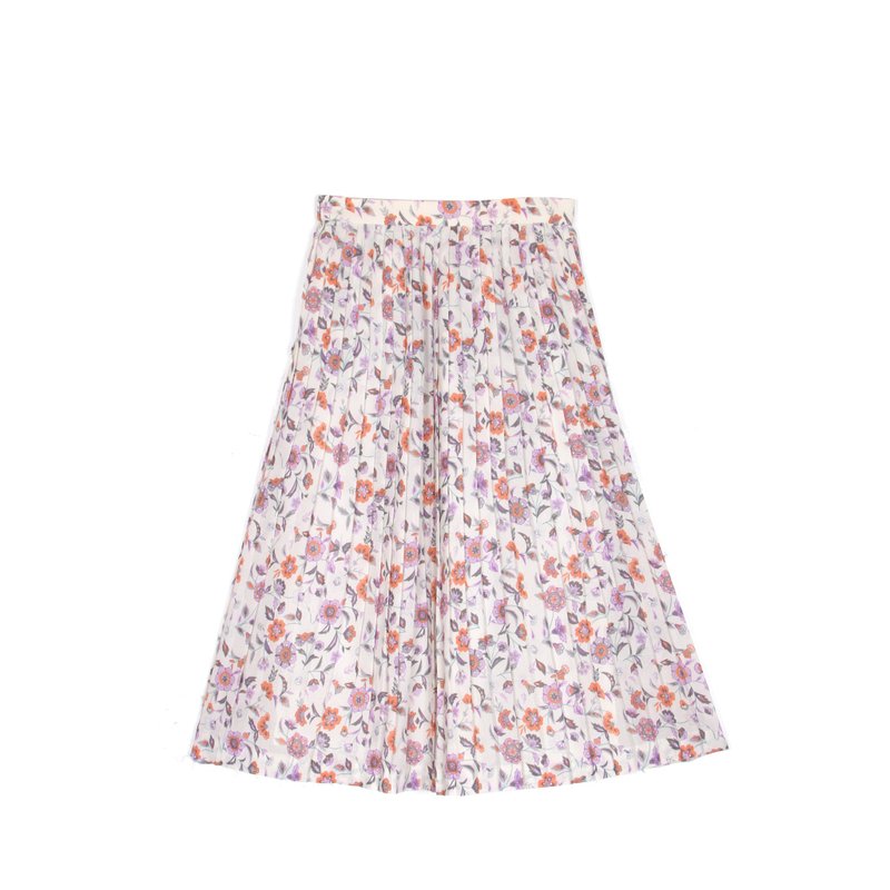 [Egg plant ancient] fan flowers pleated printed skirt - กระโปรง - เส้นใยสังเคราะห์ สึชมพู