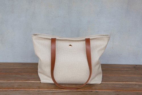 Natural linen tote bag hand embroidery bag handmade bag - Beige