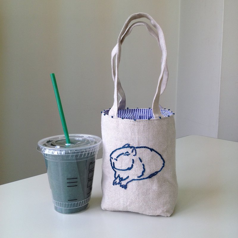Cafe bag capybara mini tote - กระเป๋าถือ - ผ้าฝ้าย/ผ้าลินิน ขาว
