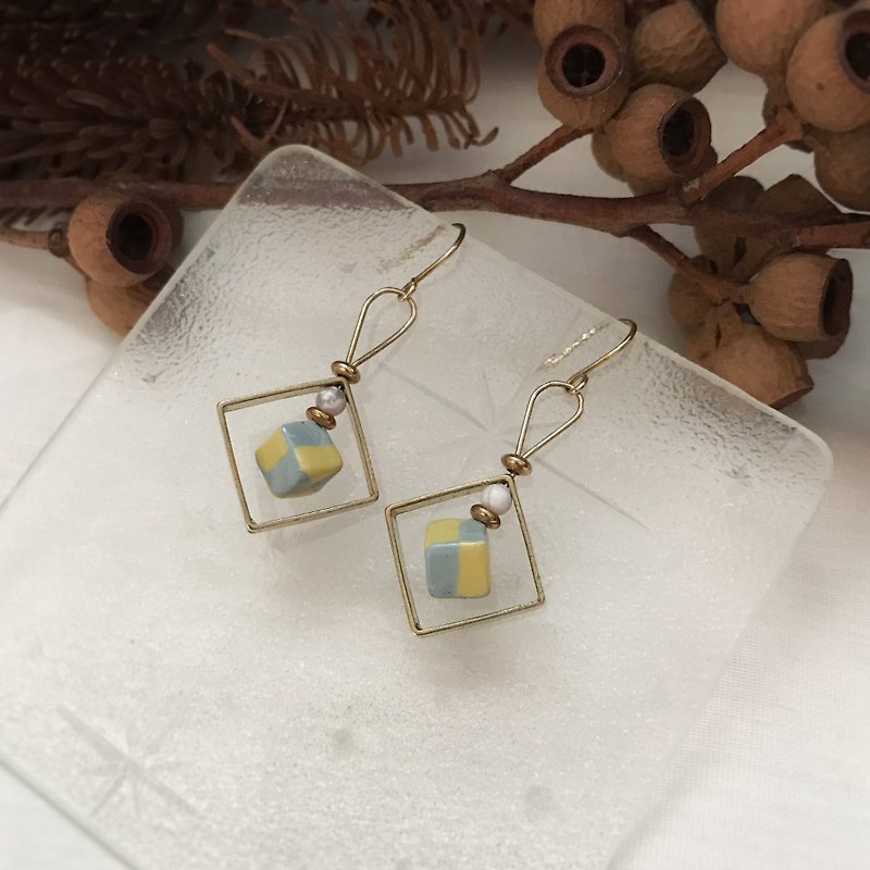 Fantasy Plaid Series Square Earrings/Yellow Grey - Earrings & Clip-ons - Pottery Multicolor