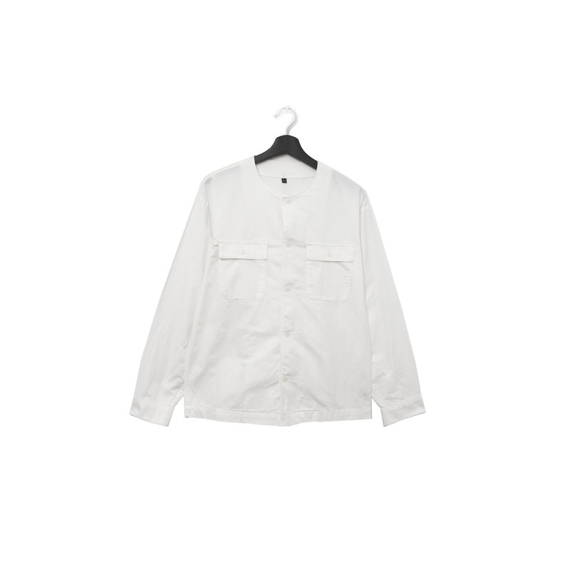 Back to Green-素色長袖襯衫  圓領挺版 白 vintage shirt - 男裝恤衫 - 棉．麻 