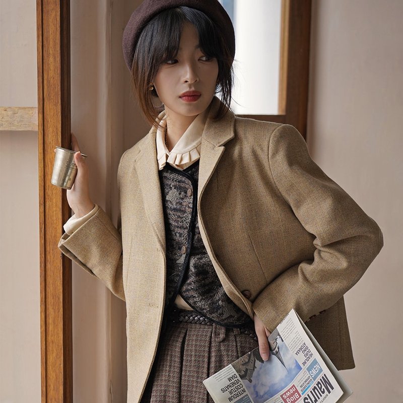 黃格紋休閒西裝外套|外套|西裝|秋冬款|羊毛混紡|Sora-621 - 女裝西裝外套/大衣 - 羊毛 