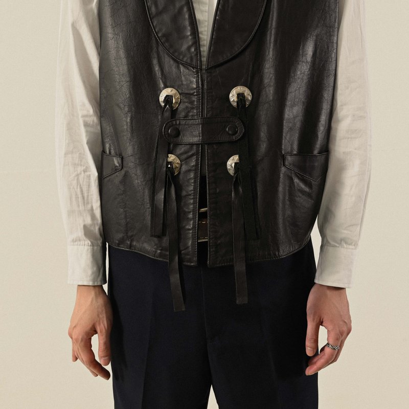 【NaSuBi Vintage】美國製絲瓜領型皮革古著背心 - 男夾克/外套 - 真皮 黑色