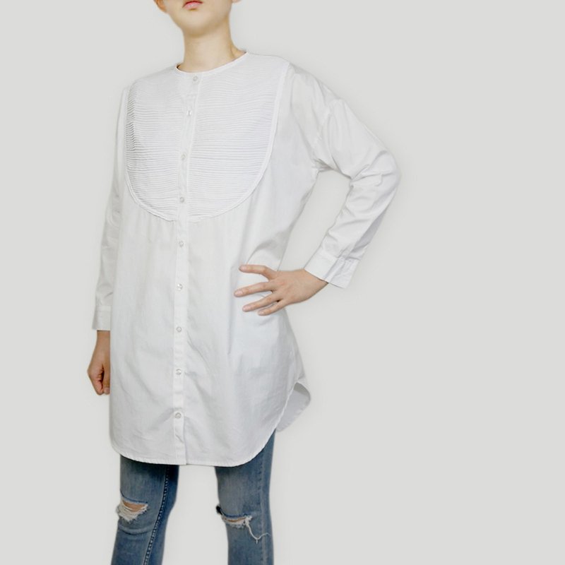 Long shirt with pleated cotton collar - Women's Tops - Cotton & Hemp White